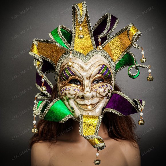 Mardi Gras Luxury Jester Crackle Joker Venetian Masquerade Theater Act Face Mask - Picture 2 of 9